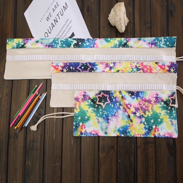 36 Slots Starry Sky Print Pen Bag Canvas Pencil Wrap Curtain Roll Up Pencil Case Stationery Pouch