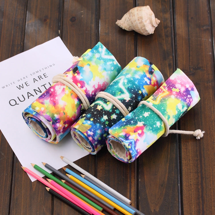 36 Slots Starry Sky Print Pen Bag Canvas Pencil Wrap Curtain Roll Up Pencil Case Stationery Pouch