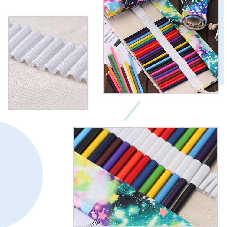 36 Slots Starry Sky Print Pen Bag Canvas Pencil Wrap Curtain Roll Up Pencil Case Stationery Pouch Reluova