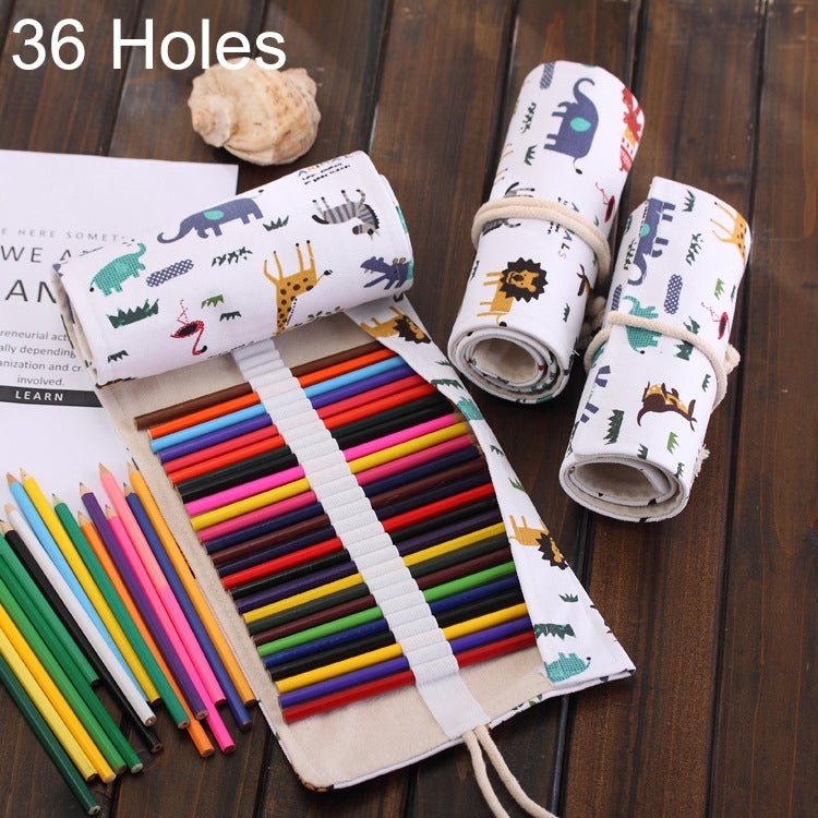 36 Slots Cartoon Animal Print Pen Bag Canvas Pencil Wrap Curtain Roll Up Pencil Case Stationery Pouch