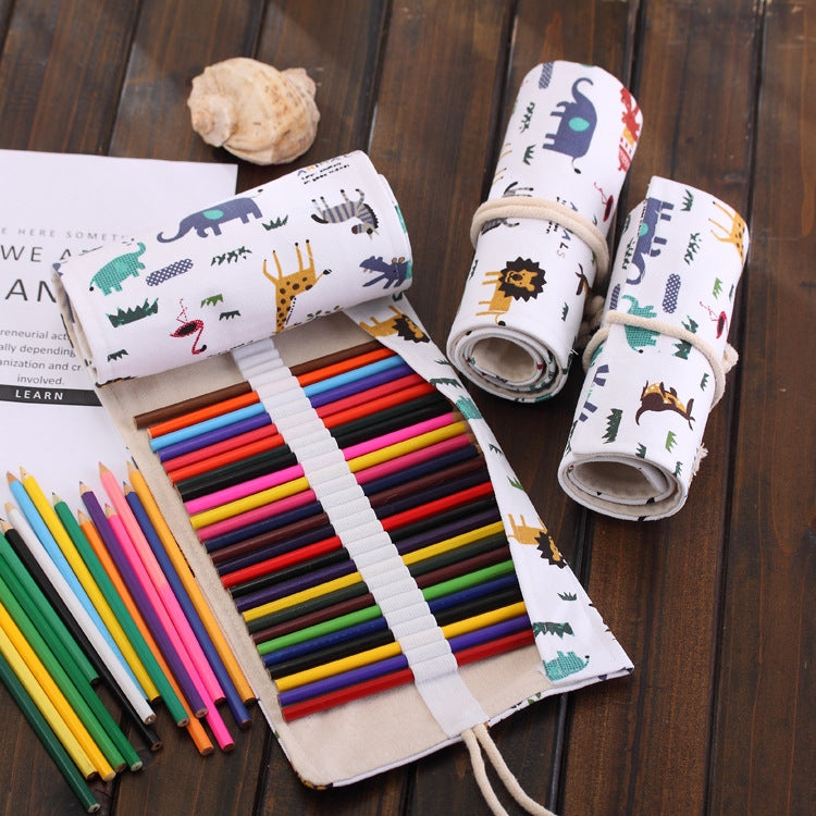 36 Slots Cartoon Animal Print Pen Bag Canvas Pencil Wrap Curtain Roll Up Pencil Case Stationery Pouch