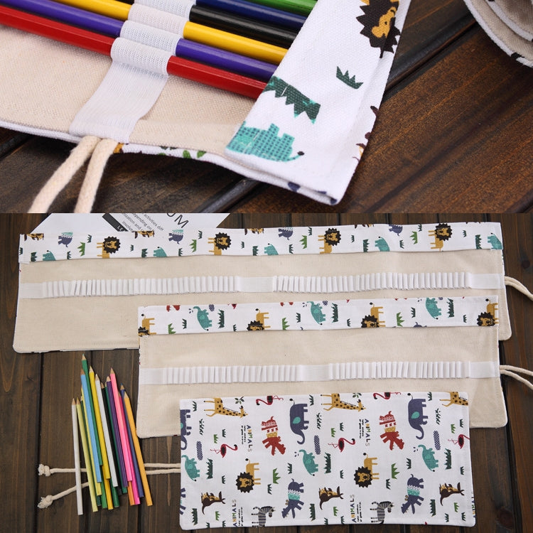 36 Slots Cartoon Animal Print Pen Bag Canvas Pencil Wrap Curtain Roll Up Pencil Case Stationery Pouch