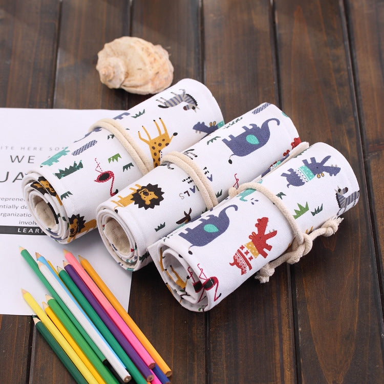 36 Slots Cartoon Animal Print Pen Bag Canvas Pencil Wrap Curtain Roll Up Pencil Case Stationery Pouch Reluova