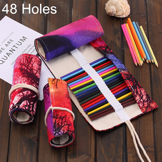 48 Slots Sunset Tree Print Pen Bag Canvas Pencil Wrap Curtain Roll Up Pencil Case Stationery Pouch