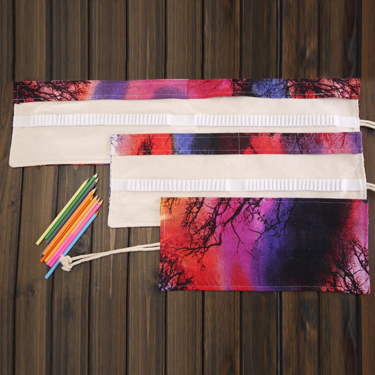 48 Slots Sunset Tree Print Pen Bag Canvas Pencil Wrap Curtain Roll Up Pencil Case Stationery Pouch Reluova