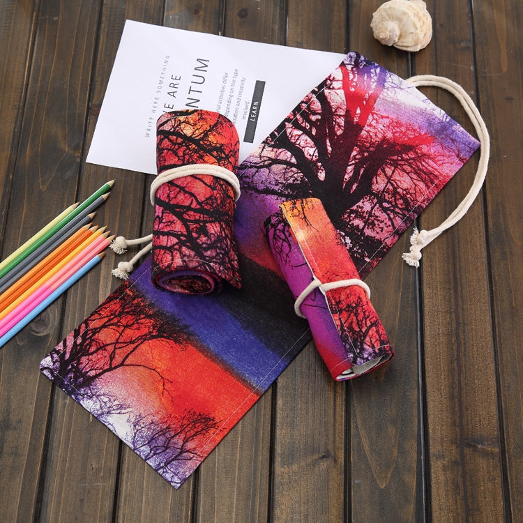 48 Slots Sunset Tree Print Pen Bag Canvas Pencil Wrap Curtain Roll Up Pencil Case Stationery Pouch