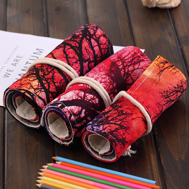 48 Slots Sunset Tree Print Pen Bag Canvas Pencil Wrap Curtain Roll Up Pencil Case Stationery Pouch Reluova