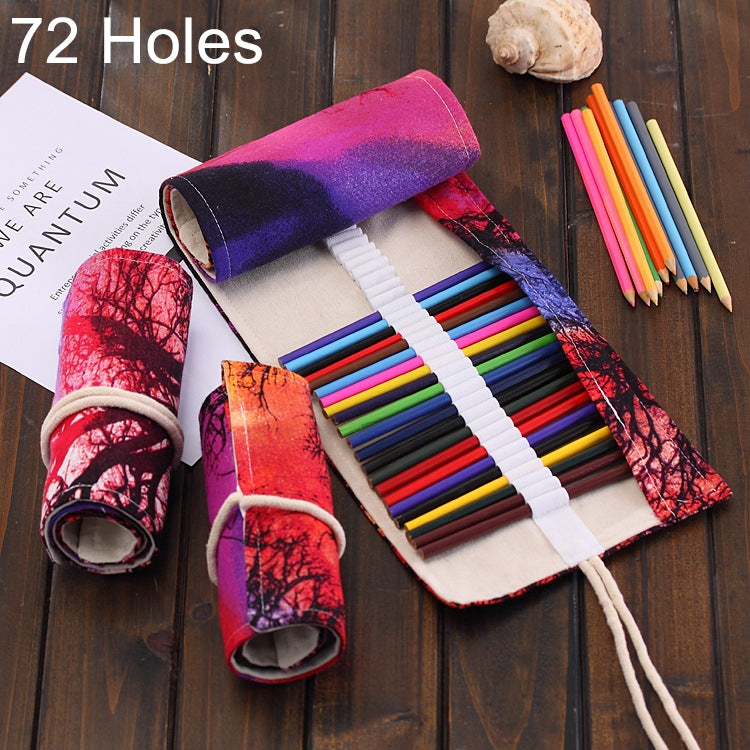 72 Slots Sunset Tree Print Pen Bag Canvas Pencil Wrap Curtain Roll Up Pencil Case Stationery Pouch-Reluova