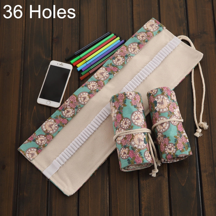 36 Slots Rose Clock Print Pen Bag Canvas Pencil Wrap Curtain Roll Up Pencil Case Stationery Pouch Reluova