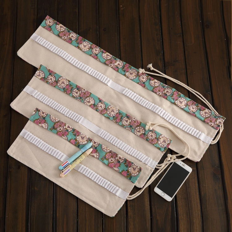 36 Slots Rose Clock Print Pen Bag Canvas Pencil Wrap Curtain Roll Up Pencil Case Stationery Pouch Reluova