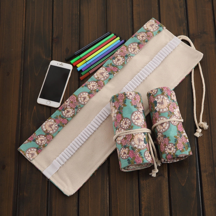 48 Slots Rose Clock Print Pen Bag Canvas Pencil Wrap Curtain Roll Up Pencil Case Stationery Pouch Reluova