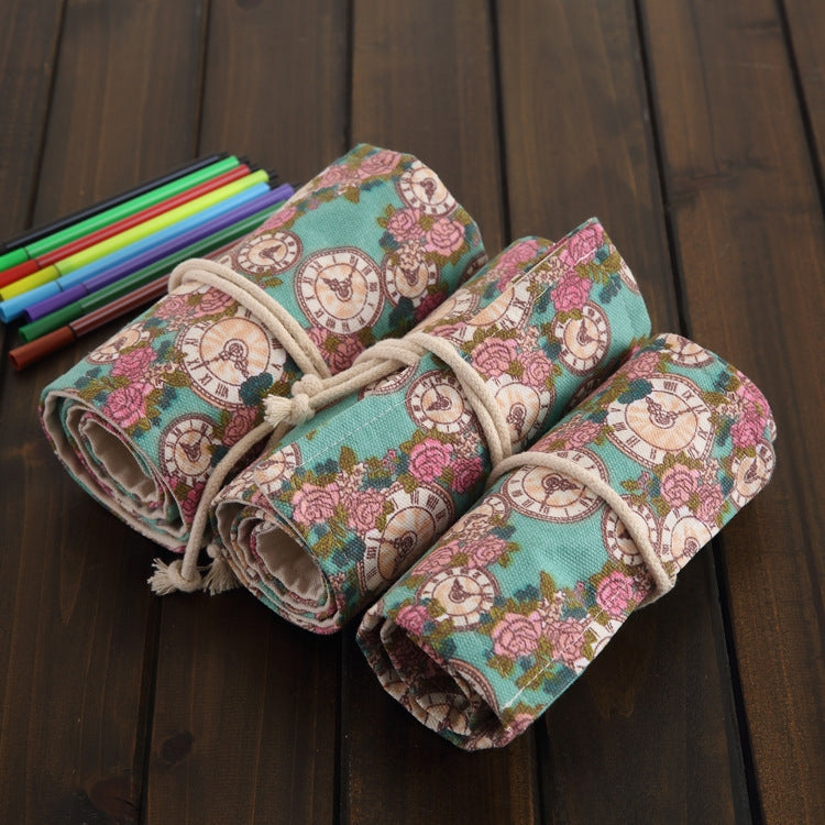 48 Slots Rose Clock Print Pen Bag Canvas Pencil Wrap Curtain Roll Up Pencil Case Stationery Pouch Reluova