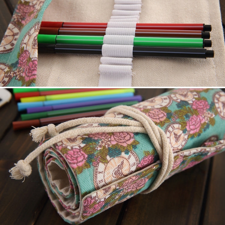 72 Slots Rose Clock Print Pen Bag Canvas Pencil Wrap Curtain Roll Up Pencil Case Stationery Pouch-Reluova