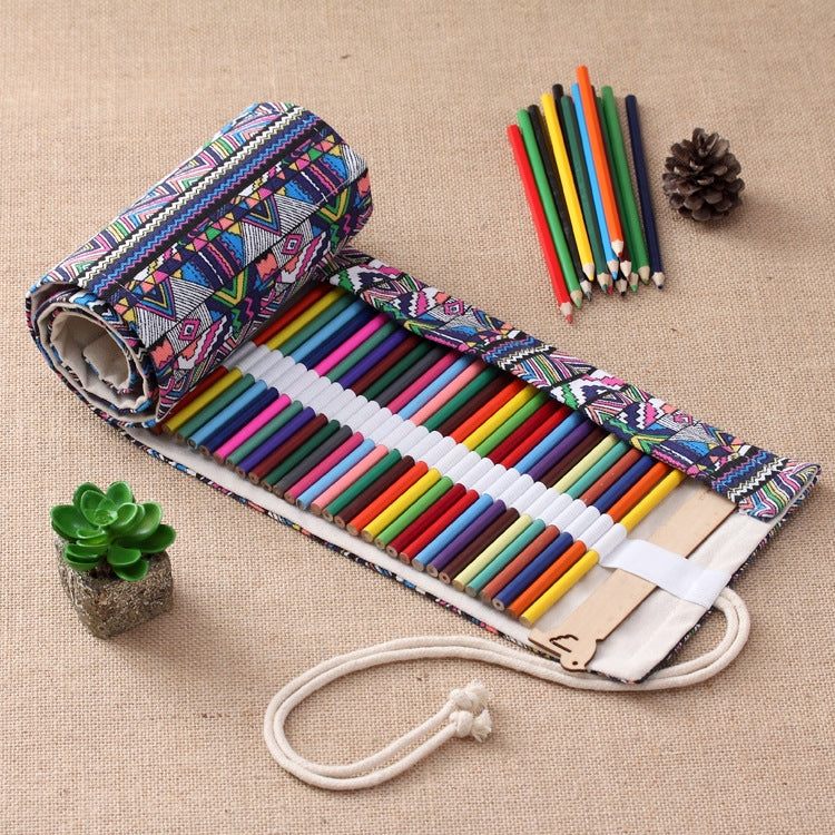 72 Slots Ethnic Print Pen Bag Canvas Pencil Wrap Curtain Roll Up Pencil Case Stationery Pouch-Reluova