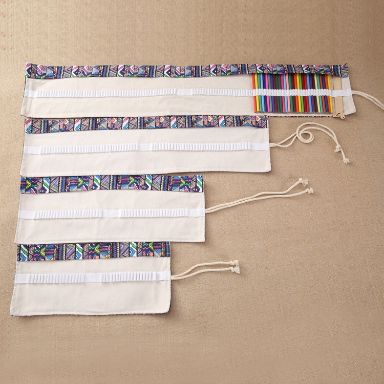 72 Slots Ethnic Print Pen Bag Canvas Pencil Wrap Curtain Roll Up Pencil Case Stationery Pouch-Reluova