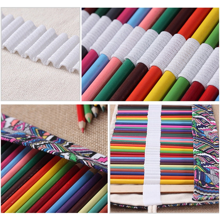 72 Slots Ethnic Print Pen Bag Canvas Pencil Wrap Curtain Roll Up Pencil Case Stationery Pouch-Reluova