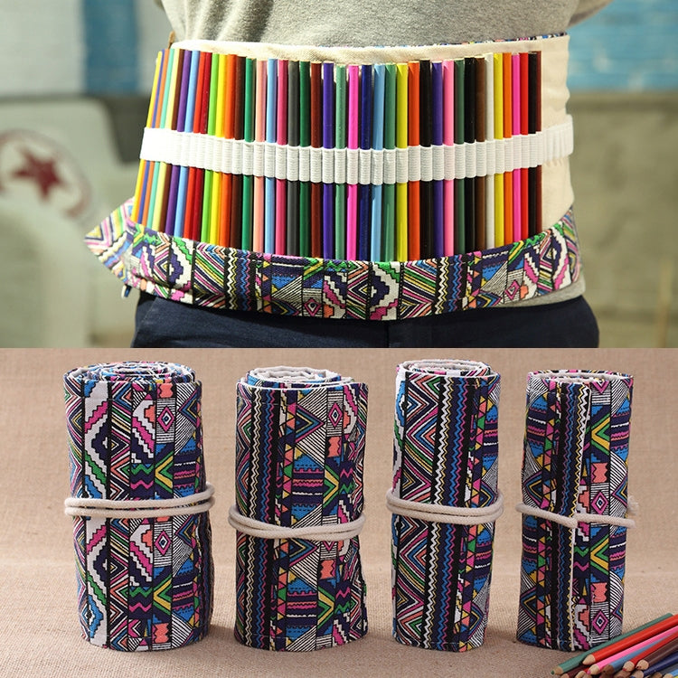 72 Slots Ethnic Print Pen Bag Canvas Pencil Wrap Curtain Roll Up Pencil Case Stationery Pouch-Reluova