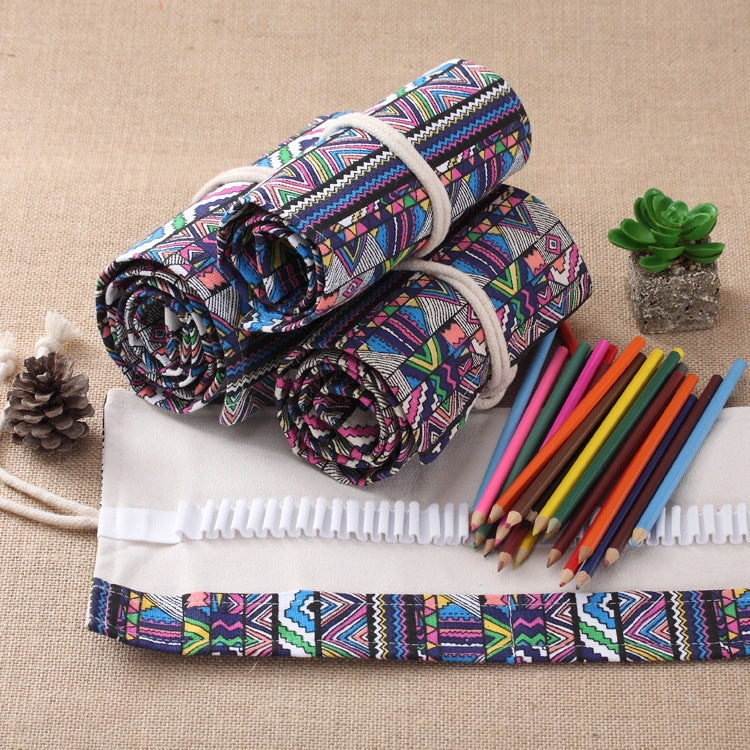 72 Slots Ethnic Print Pen Bag Canvas Pencil Wrap Curtain Roll Up Pencil Case Stationery Pouch-Reluova