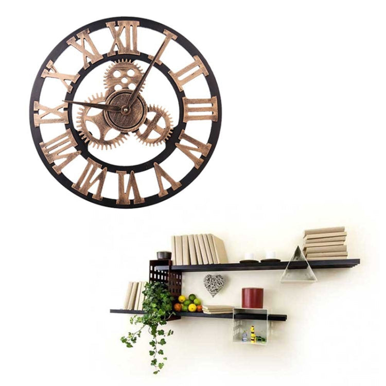 Retro Wooden Round Single-sided Gear Clock Rome Number Wall Clock, Diameter: 45cm My Store