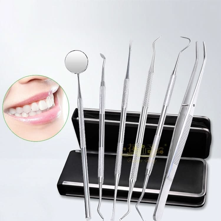 6 in 1 Dental Tool Set (Stainless Steel Probe + Hoe-shaped Dentist + Sickle Dentist + Tooth Stain Rejection Device + Dental Tweezers + Mouth Mirror)-Reluova