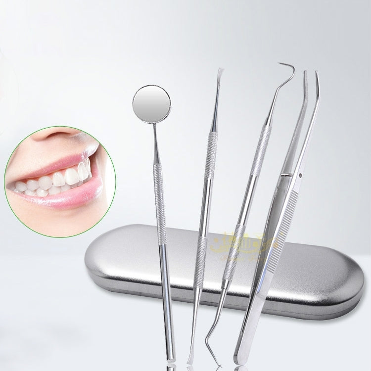 4 in 1 Dental Tool Set (Stainless Steel Probe + Hoe-shaped Dentist + Dental Tweezers + Mouth Mirror)