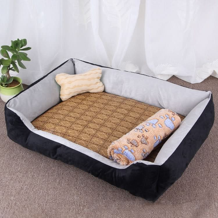 Dog Bone Pattern Big Soft Warm Kennel Pet Dog Cat Mat Blanket, with Rattan Mat & Blanket Size: S, 60×45×15cm - Reluova