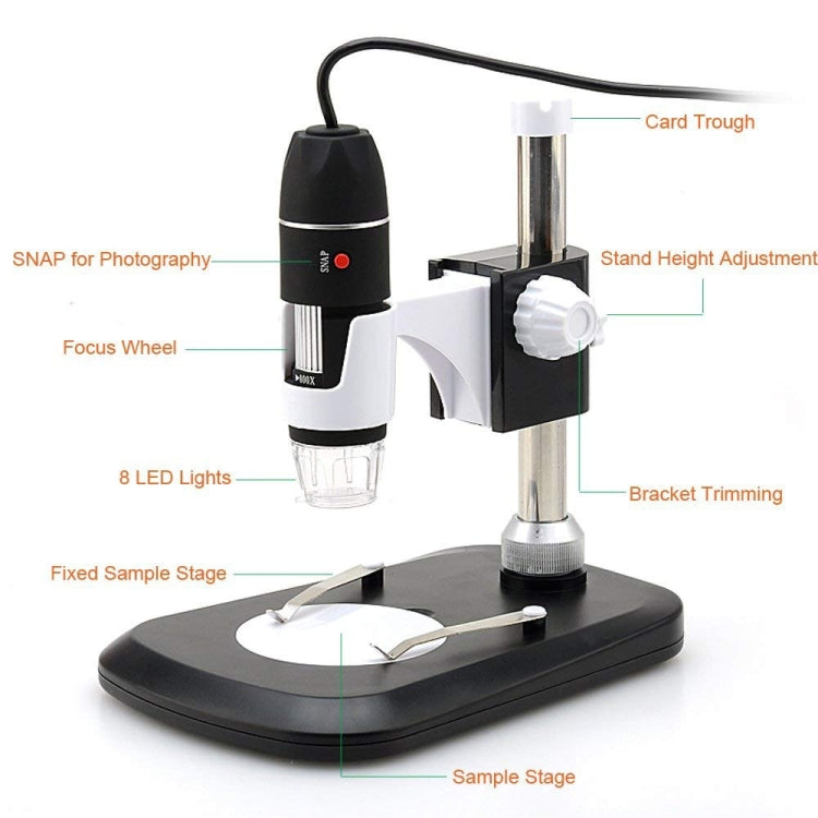 DMS-MDS800 40X-1600X Magnifier 2.0MP Image Sensor USB Digital Microscope with 8 LEDs & Professional Stand Reluova