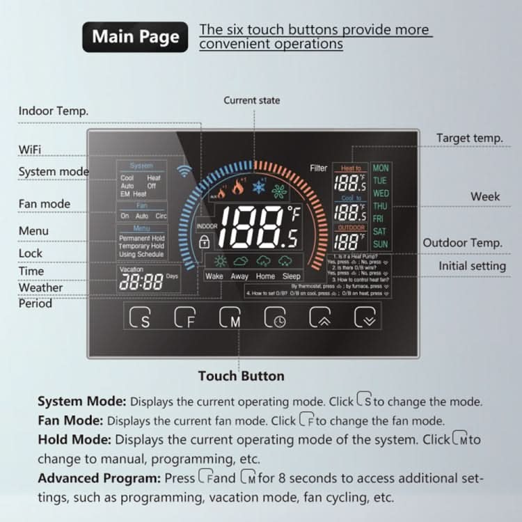 BHP-8000-B 3H2C Smart Home Heat Pump Round Room Mirror Housing Thermostat without WiFi, AC 24V My Store