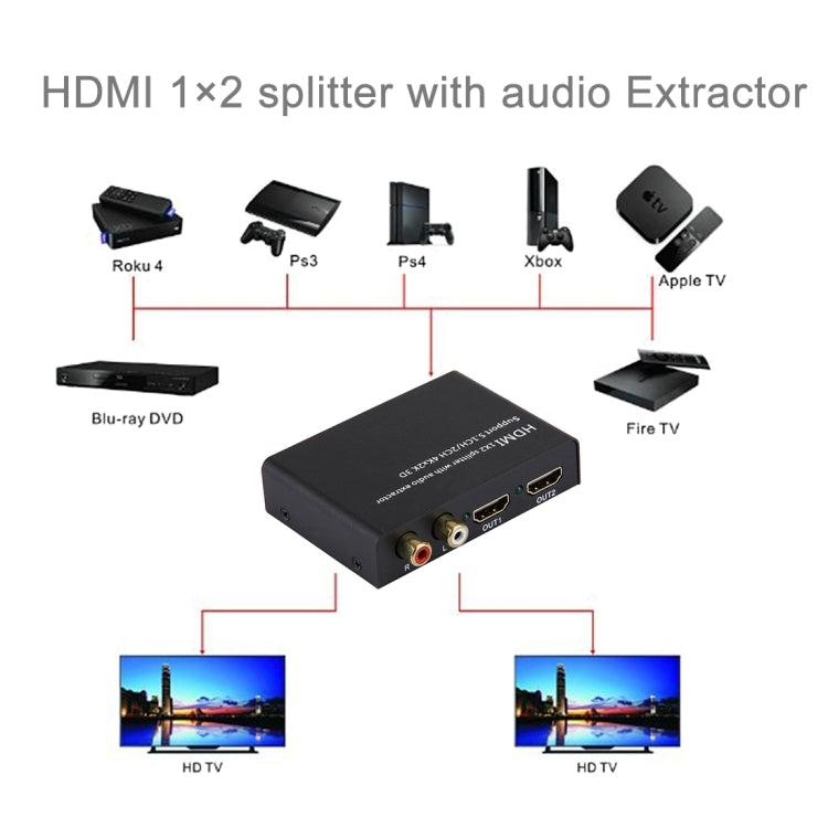 HDMI 1x2 Splitter with Audio Extractor, Support 5.1CH / 2CH, 4Kx2K, 3D My Store