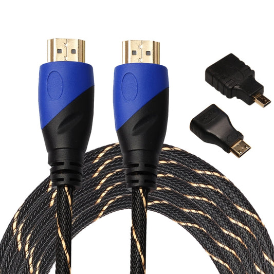 5m HDMI 1.4 Version 1080P Woven Net Line Blue Black Head HDMI Male to HDMI Male Audio Video Connector Adapter Cable with Mini HDMI & Micro HDMI Adapter Set My Store