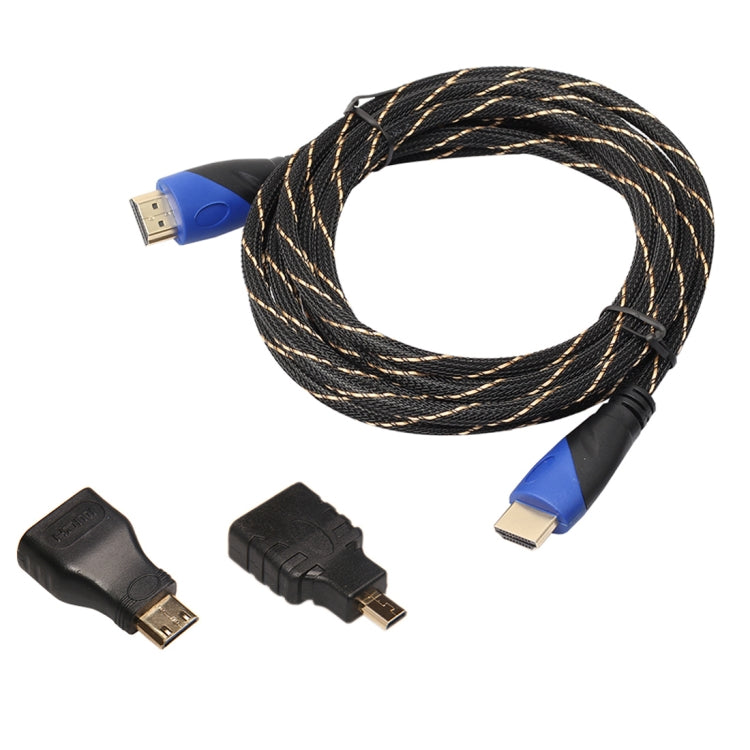 5m HDMI 1.4 Version 1080P Woven Net Line Blue Black Head HDMI Male to HDMI Male Audio Video Connector Adapter Cable with Mini HDMI & Micro HDMI Adapter Set My Store