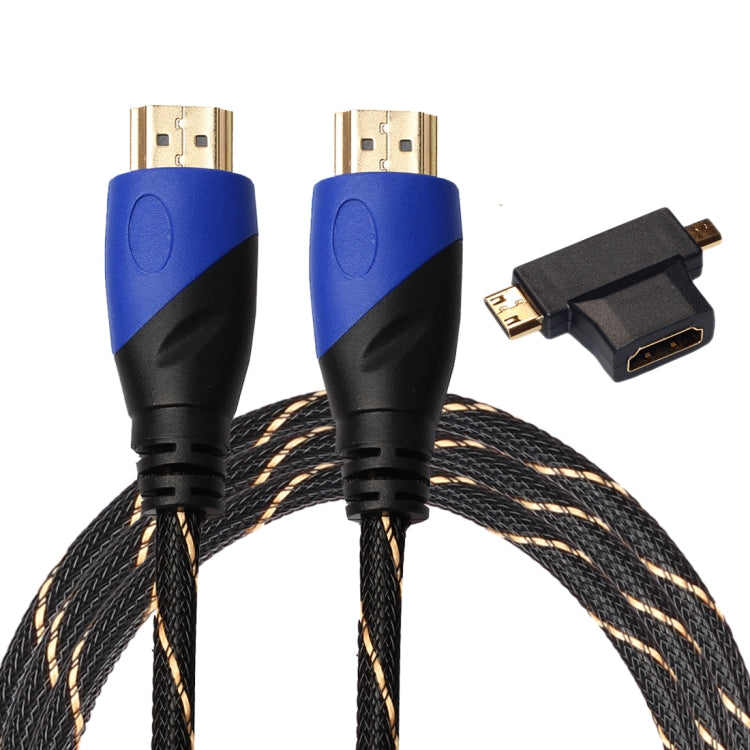 1.8m HDMI 1.4 Version 1080P Woven Net Line Blue Black Head HDMI Male to HDMI Male Audio Video Connector Cable with Mini HDMI & Micro HDMI & HDMI 3 in 1 Adapter Set