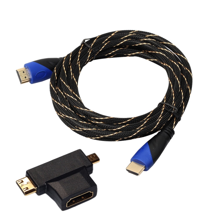 3m HDMI 1.4 Version 1080P Woven Net Line Blue Black Head HDMI Male to HDMI Male Audio Video Connector Cable with Mini HDMI & Micro HDMI & HDMI 3 in 1 Adapter Set