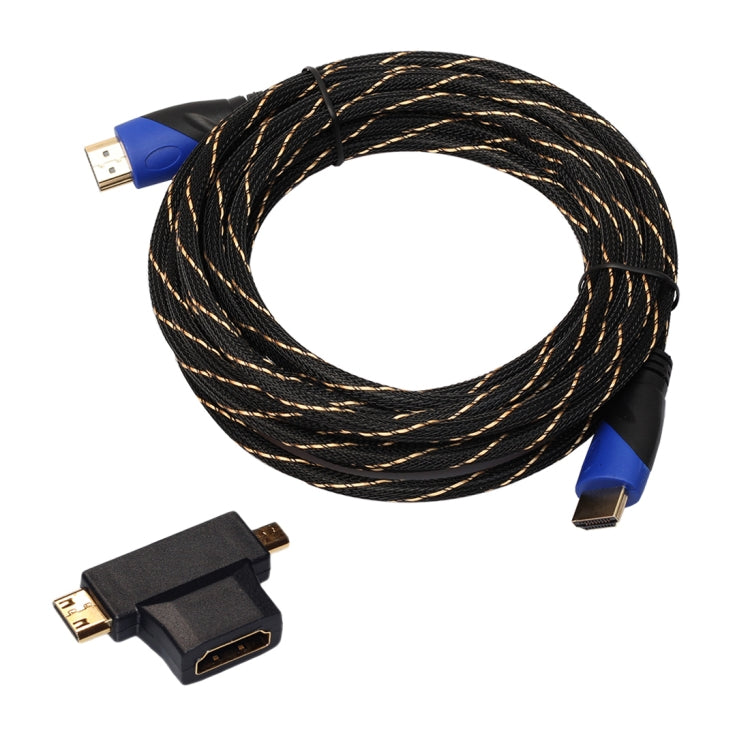 5m HDMI 1.4 Version 1080P Woven Net Line Blue Black Head HDMI Male to HDMI Male Audio Video Connector Cable with Mini HDMI & Micro HDMI & HDMI 3 in 1 Adapter Set My Store