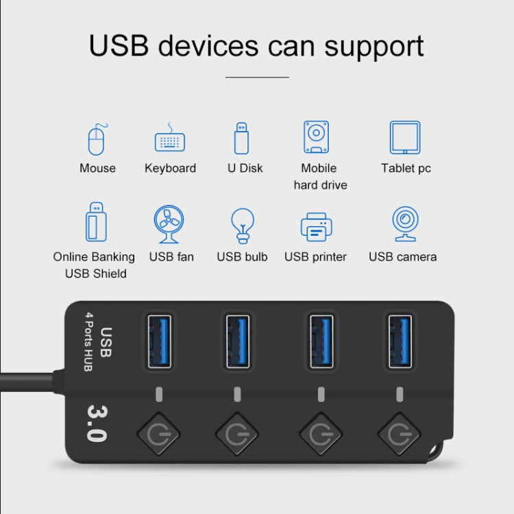 Onten 5301 USB 3.0 Male to 4 USB 2.0 Female Splitter Extender with Independent Switch