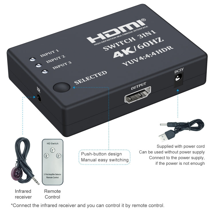 3 In 1 Out 4K 60Hz HD Video HDMI Switcher with Infrared Remote Control