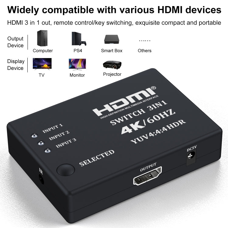 3 In 1 Out 4K 60Hz HD Video HDMI Switcher with Infrared Remote Control My Store