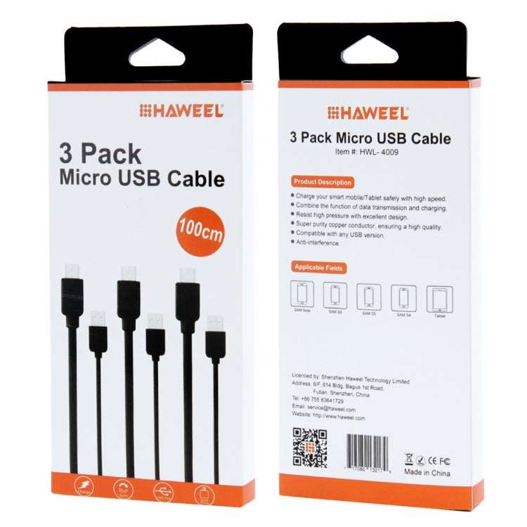 3 PCS HAWEEL 1m High Speed Micro USB to USB Data Sync Charging Cable Kits For Galaxy, Huawei, Xiaomi, LG, HTC and other Smart Phones-Reluova