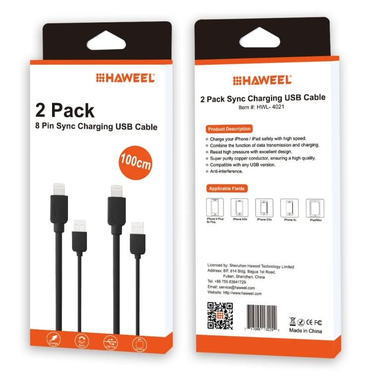 2 PCS HAWEEL 1m High Speed 8 pin to USB Sync and Charging Cable Kit for iPhone, iPad