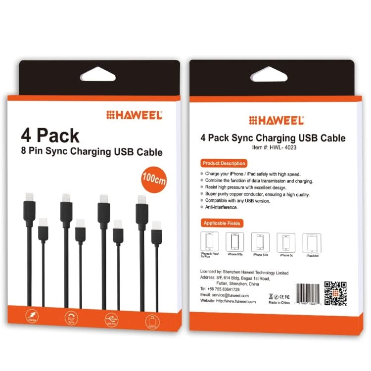 4 PCS HAWEEL 1m High Speed 8 pin to USB Sync and Charging Cable Kit for iPhone, iPad