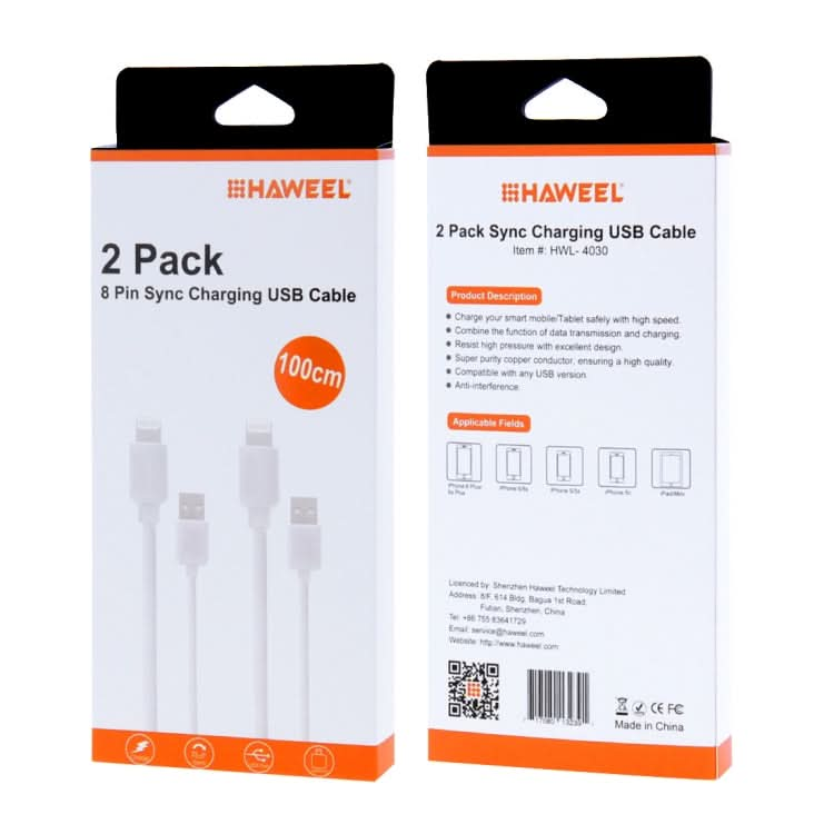 2 PCS HAWEEL 1m High Speed 8 pin to USB Sync and Charging Cable Kit for iPhone, iPad