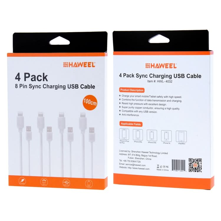 4 PCS HAWEEL 1m High Speed 8 pin to USB Sync and Charging Cable Kit for iPhone, iPad