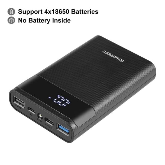 HAWEEL DIY 4x 18650 Battery (Not Included) 12000mAh Dual-way QC Charger Power Bank Shell Box with 2x USB Output & Display,  Support QC 2.0 / QC 3.0 / FCP / SFCP /  AFC / MTK / BC 1.2 / PD