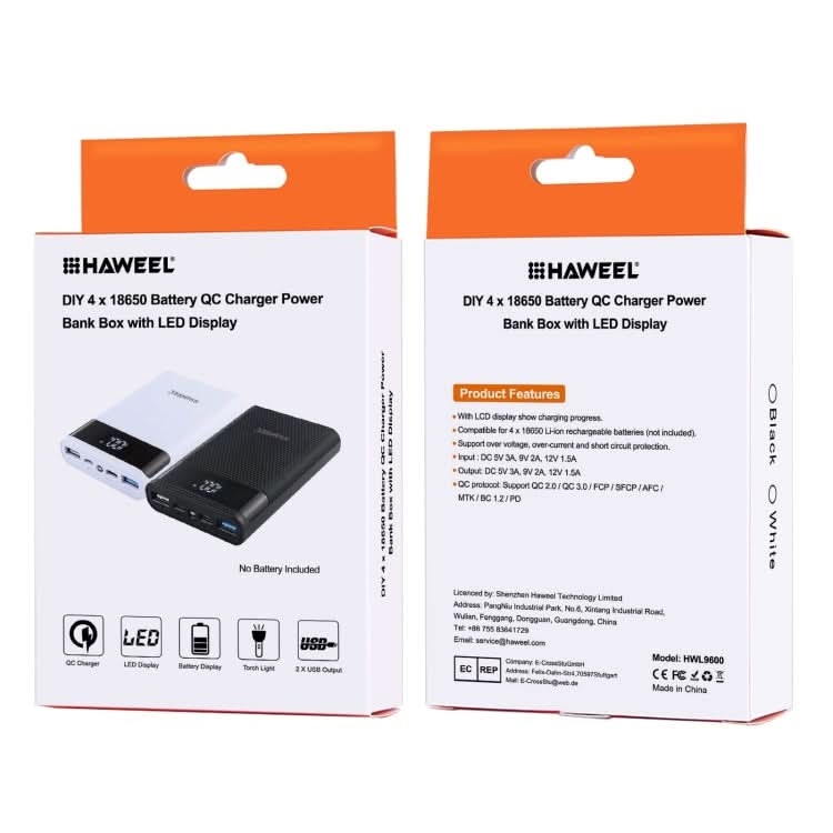 HAWEEL DIY 4x 18650 Battery (Not Included) 12000mAh Dual-way QC Charger Power Bank Shell Box with 2x USB Output & Display,  Support QC 2.0 / QC 3.0 / FCP / SFCP /  AFC / MTK / BC 1.2 / PD