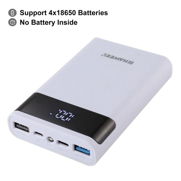 HAWEEL DIY 4x 18650 Battery (Not Included) 12000mAh Dual-way QC Charger Power Bank Shell Box with 2x USB Output & Display,  Support QC 2.0 / QC 3.0 / FCP / SFCP /  AFC / MTK / BC 1.2 / PD