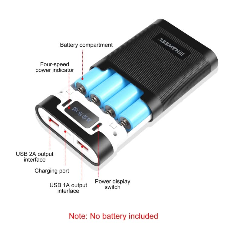 HAWEEL DIY 4x 18650 Battery (Not Included) 10000mAh Dual-way QC Charger Power Bank Shell Box with 2x USB Output & Display,  Support PD / QC / SCP / FCP / AFC / PPS / PE