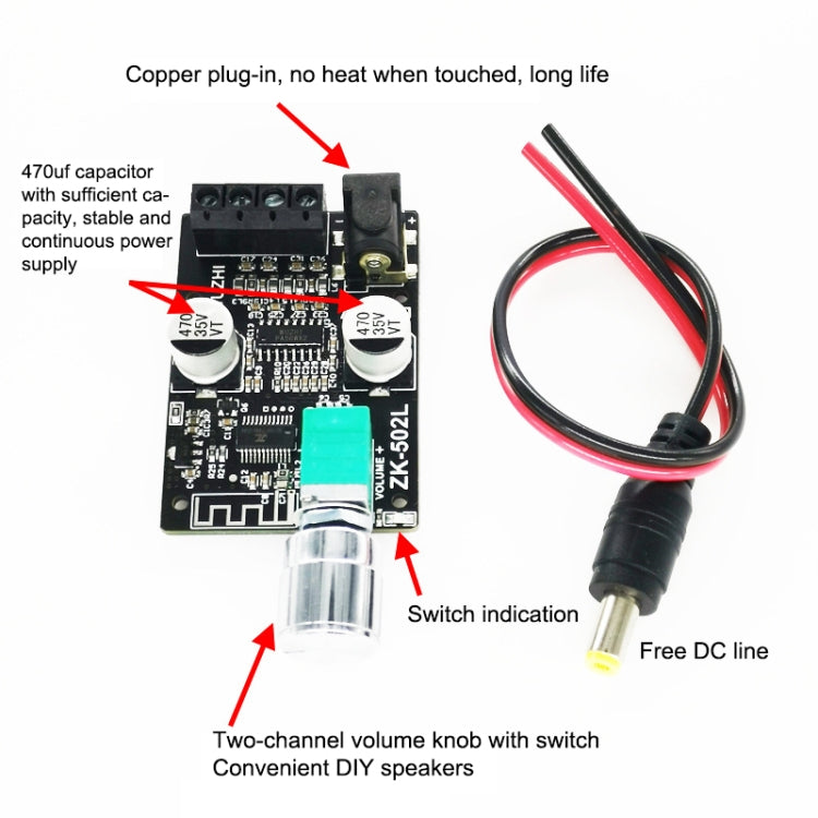 ZK-502L Bluetooth 5.0 12/24V Wireless Stereo Audio Digital Power Amplifier Board 50Wx2 Bluetooth Amp Amplificador, without Shell