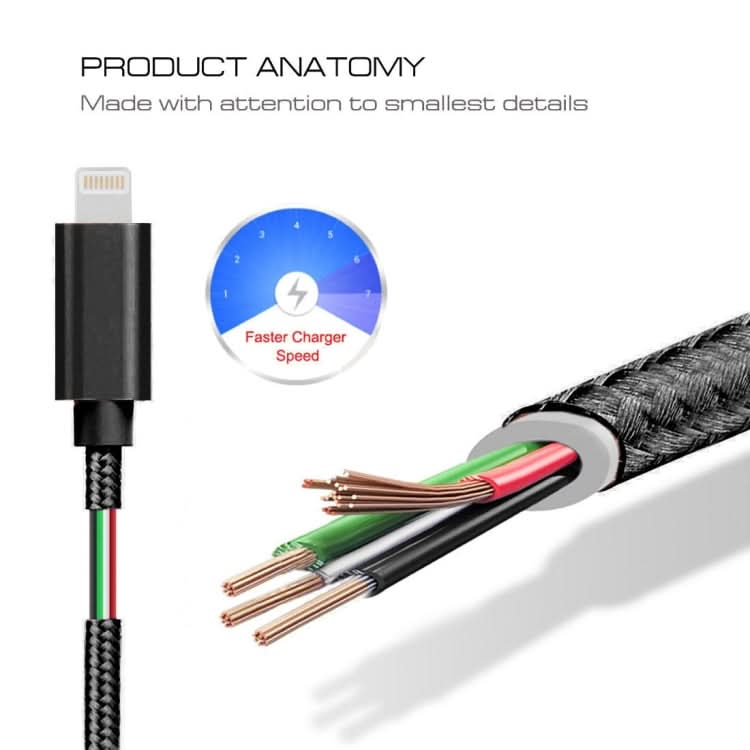 3A Woven Style Metal Head 8 Pin to USB Charge Data Cable, Cable Length: 2m