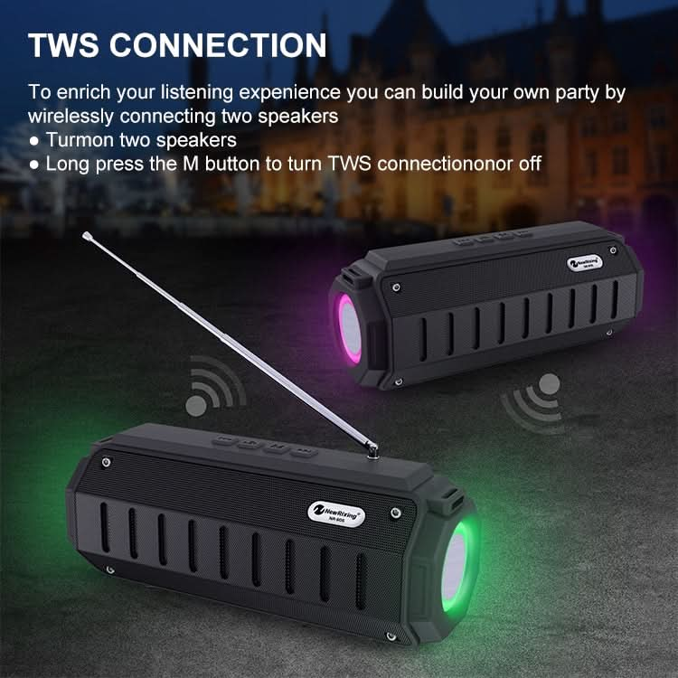 New Rixing NR-905FM TWS Bluetooth Speaker Support Hands-free Call / FM with Shoulder Strap & Antenna