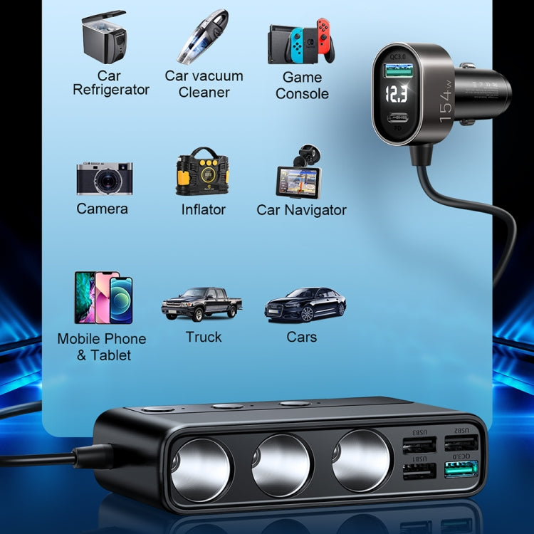 JOYROOM JR-CL06 9 in 1 154W PD USB-C / Type-C + Dual QC3.0 USB + 3 USB + 3 Cigarette Lighter Holes Digital Display Car Charger ÎҵÄÉ̵ê